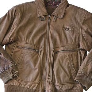 1990s Mixed Blues Genuine leather Bomber Women's Med, Mens Sm Vtg Brown Jacket